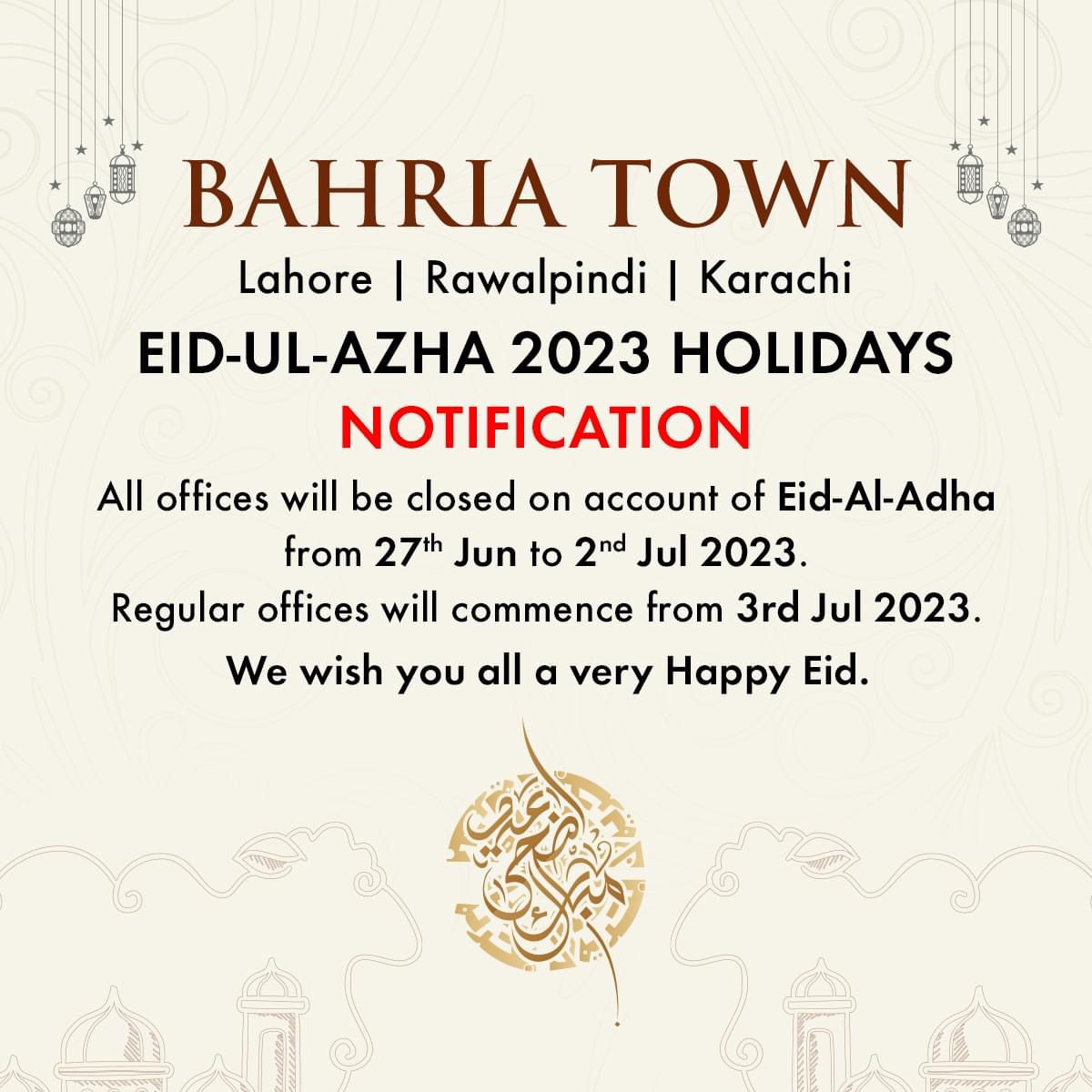 Bahria Town Announces Eid-ul-Adha Holidays for Lahore, Rawalpindi, and ...